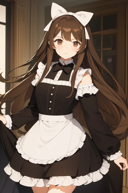 Young woman long brown hair brown eyes wearing maid outfit with black bow in her hair 