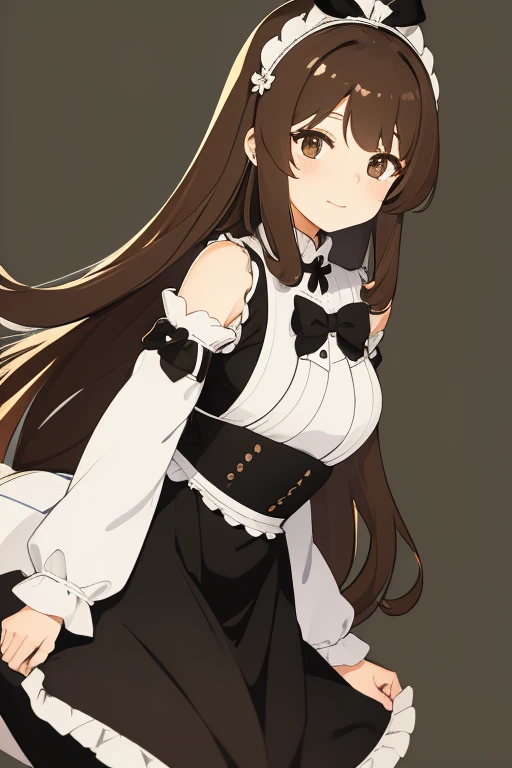 Young woman long brown hair brown eyes wearing maid outfit with black bow in her hair 