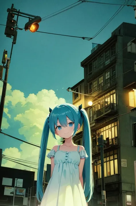 Traffic lights flashing blue against the sky、There is a woman looking up at a traffic light floating in the sky., Light blue long hair、Beautiful girl with twin tails、Bright smile、The traffic light is flashing green、 Lo-fi art style, Nostalgic and melanchol...