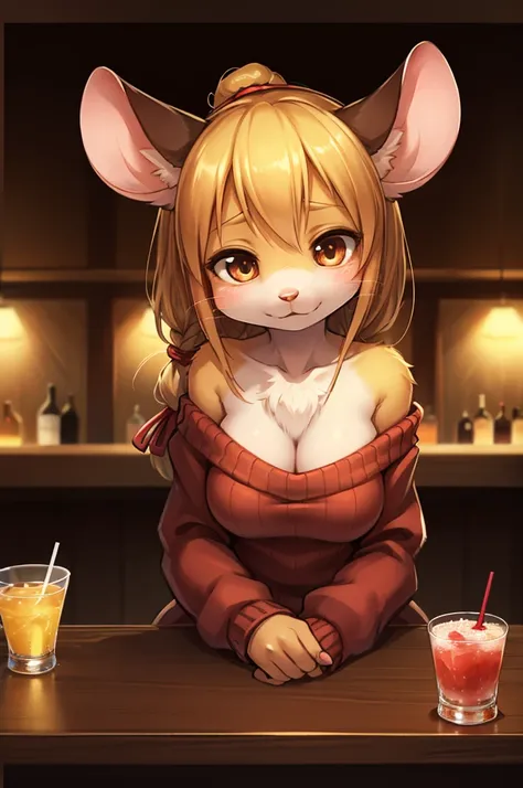 rough sketch style , Hallucination, daydream , nightmare , Insane Dream , bokeh , erotica , realistic Japanese female mouse , round face , Seductive eyes , (Open the neckline with hands) , realistic long nose , hair tie , Bar, Cocktails , cheese , sweater