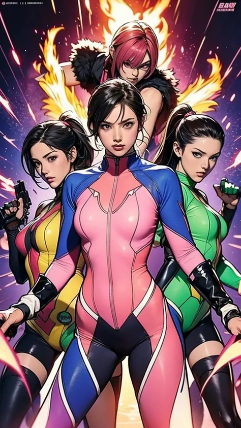 Solo, A brave and courageous image of a 6 member ranger team, Each one is decorated in vibrant colors such as:: ((Pink)), red is front of center, violet, Green, yellow, blue black, white,. Dynamic poses in a background that exudes energy and courage, neon,...