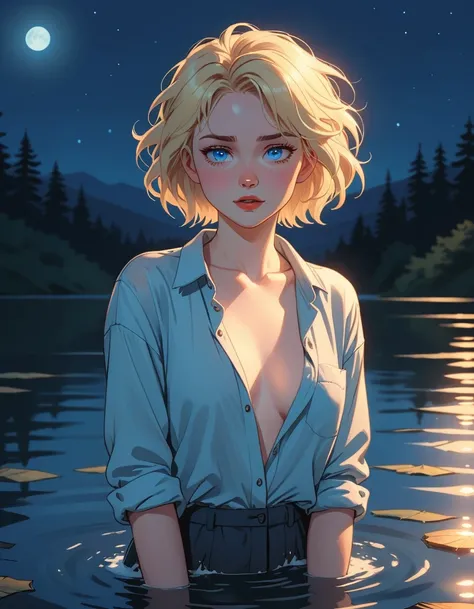 comic art style, 90s aesthetic, deitailed textures, soft and warm light, adult Woman(pale skin, short messy blonde hair, blue eyes), bathing in the lake at night unbuttoning her shirts