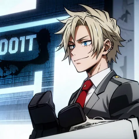 1boy, male focus, boku no hero academia, masterpiece, best quality, very aesthetic, muscular body, neat spikier on each end hair, blonde hair, blue eyes, smirk, gray jacket, red tie, white shirt, teal pants, boots 