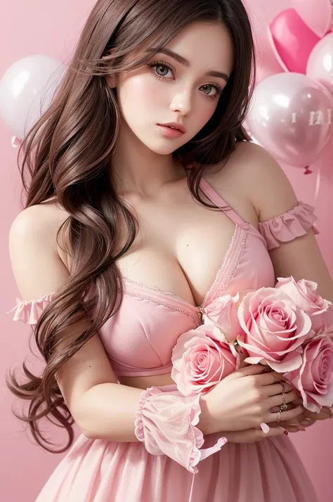 The name Maria on a pink background with a rose on the side and balloons on top with a ring on the side