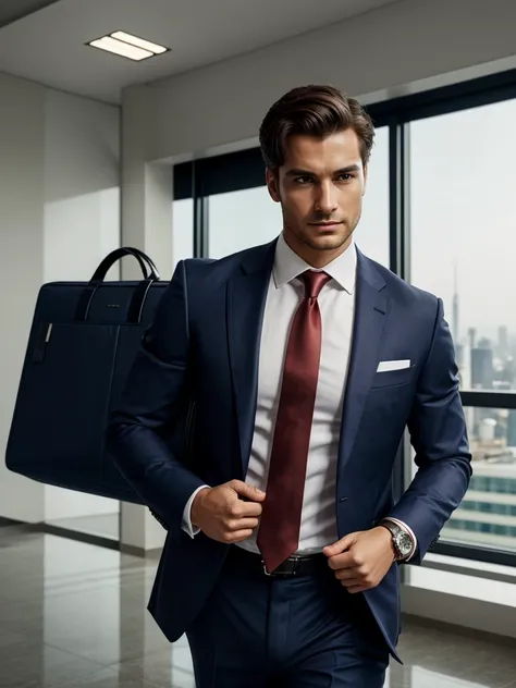 A confident businessman, wearing a navy blue tailored suit, an impeccable white shirt, and a red silk tie. He is in a sophisticated urban setting, such as a modern skyscraper or an office with a panoramic city view. He wears a luxury watch and holds an ele...