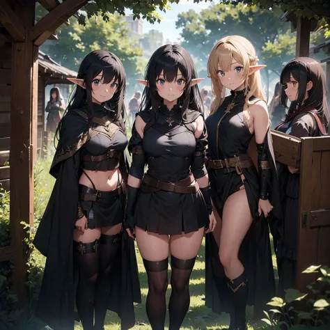 a scene of group of women are posing in wood weapon, BLACK armor, polearm, pointy ears, multiple girl, nature, , elf , BLACK HAIR