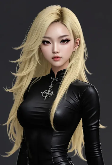 a pretty sexy blonde asian girl with almond eyes and slim body. You can see her entire body and she has everything very well defined. She has moles on her face and piercing. She has long hair. She does different sexy poses. Wear sexy clothes. Its gothic.