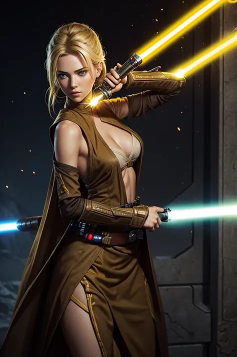 Beautiful. Jedi bastila shan. Beautiful eyes and hair. Sexy outfit. Blonde hair. Double lightsaber ignition. Brown and yellow sexy outfit. Perfect body. Outfit is very revealing