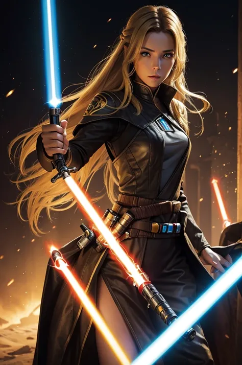 Beautiful. Jedi bastila shan. Beautiful eyes and hair. Sexy outfit. Blonde hair. Double lightsaber ignition. Brown and yellow sexy outfit. Perfect body. Outfit is very revealing