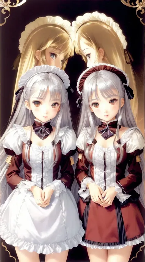 (Tabletop:1.5)。(Highest quality:1.5)。Len。(Perfect Face:1.2)。(Perfect body:1.2)。Two Girls。A very beautiful girl from Northern Europe。twins。Silver Straight Long Hair。Golden Eyes。Seeing the viewer。Expressionless。A cute maid outfit with lots of frills。Approach...