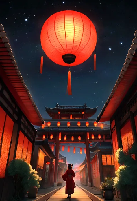 Sky view, ancient china town, historical town, Chinese ancient infrastructure, night, firefly, red lantern, low visibility, stars in the sky, willow trees, 16K, Ultra high definition, Ultra Detailed, Ultra mesmerising, Solemn Atmosphere 