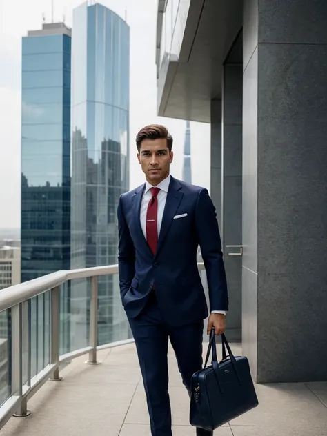 A confident businessman, wearing a navy blue tailored suit, an impeccable white shirt, and a red silk tie. He is in a sophisticated urban setting, such as a modern skyscraper or an office with a panoramic city view. He wears a luxury watch and holds an ele...