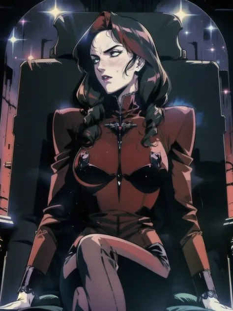 ((((retro anime)) of a gothic vampire piloting a gothic ruby mech)), (from below), close-up, (fisheye), ((gothic (control panels) everywhere)), ((mature)), ((vampiric)), (iridescent bodysuit), lace accessories, dark big lips, ((baroque pilot seat)), ((lean...