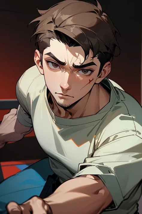 ((best quality)), ((masterpiece)), (detailed), perfect face Make a man with a masculine face wearing a gray sweatshirt with short hair in a Boxing combat stance, he has brown eyes and a scar on his neck that goes across his chin and ends near his mouth, es...