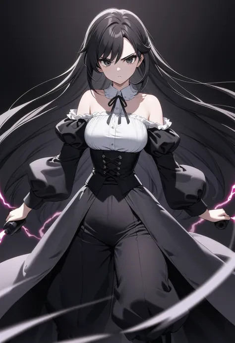 30-year-old anime woman, long black hair, serious, black eyes, wears old-fashioned clothing, black baggy pants, black boots, white blouse with long sleeves and exposed shoulders, powers of darkness, dark background. 