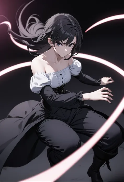 30-year-old anime woman, long black hair, serious, black eyes, wears old-fashioned clothing, black baggy pants, black boots, white blouse with long sleeves and exposed shoulders, powers of darkness, dark background. 