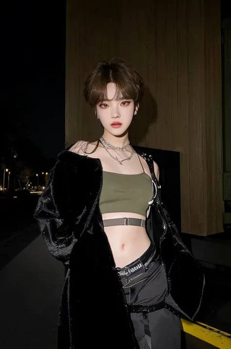 hay una mujer con una chaqueta negra y un top verde, cai xukun, jossi de blackpink, ella lleva ropa de calle, Physicist : the smallest abdomen ever seen, Jinyoung Shin, jia, con pelo corto, the smallest abdomen ever seen, little peep, parque jimin, e - gir...