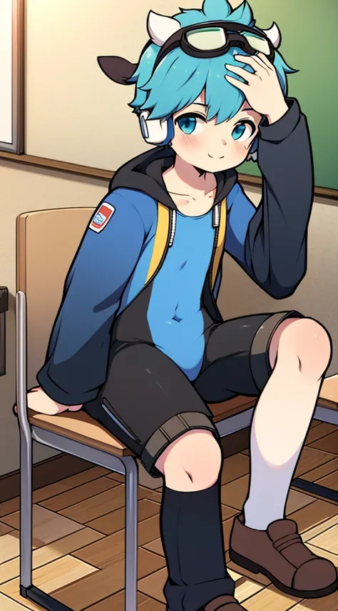 2D Shonen Shota，One-piece mountaineering suit，Put the headphones on your head，permanent，goggles，Cow ears，sports shoes，classroom，happy