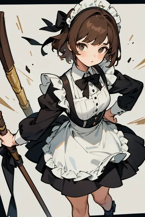 Mujer joven, semi short brown hair , in a maid outfit with a black bow in her hair 