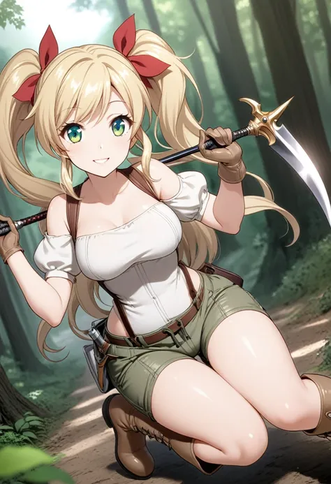 30-year-old anime woman, blonde hair in pigtails, green eyes, tender and smiling expression, long explorer-style shorts with bei...