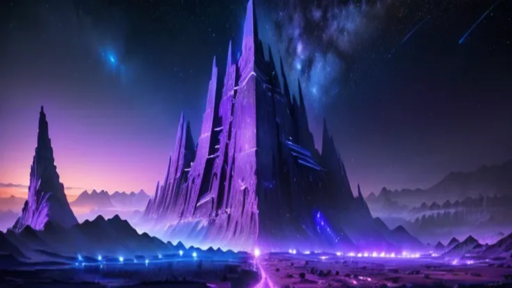 purple black mountain, through which the road passes, Crystal Desert Island Fantasy, Galactic Temple, futuristic castle, inspired Christopher Balaskas, Epic fantasy sci-fi illustration, ice city in 2 0 8 0, in a castle on an alien planet, Christopher Balas...