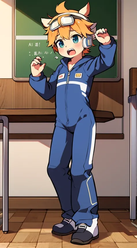 2D Shonen Shota，One-piece mountaineering suit，Put the headphones on your head，permanent，goggles，Cow ears，sports shoes，classroom，moan