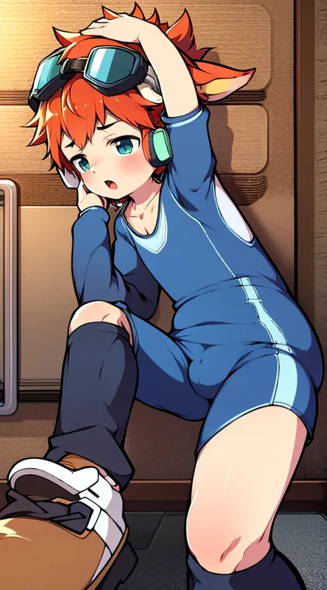 2D Shonen Shota，One-piece mountaineering suit，Put the headphones on your head，permanent，goggles，Cow ears，sports shoes，classroom，moan