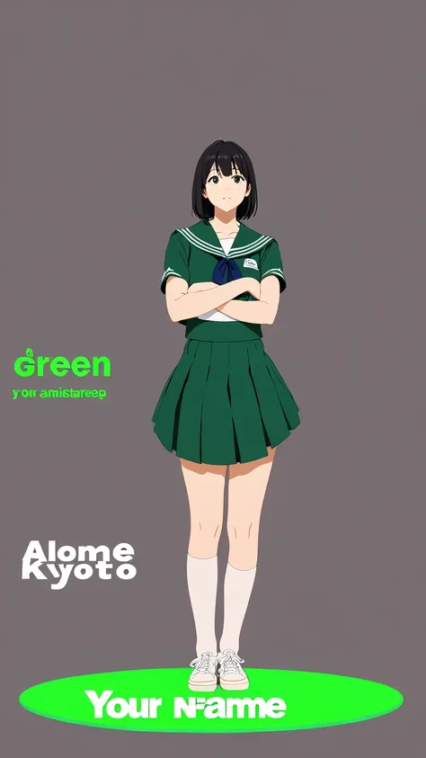 High resolution, shape, Kyoto Animation Style, Your Name Movie Style,Green Screen, (1 female: 1.3), (alone: 1.4), Long eyelashes, Short Bob,Sailor suit