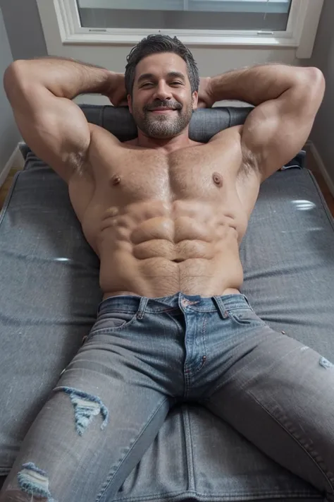 Award-winning original photoen, 30 years old man and wild muscular man, 40 years old, short beards, burly, hunk, wearing shirts, smilling happil, detailed, lovely, ((full body)), (((shirtless )))(((gray jeans))) lay down