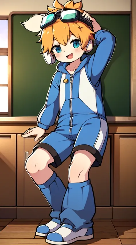 2D Shonen Shota，One-piece mountaineering suit，Put the headphones on your head，permanent，goggles，Cow ears，sports shoes，classroom，happy