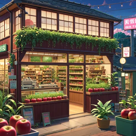 ((anime:1.4,illustration)),(masterpiece, top quality, best quality),(ultra-detailed, absolutely resolution),((16k, high res)), (((a miniature of a model of a plants shop inside an apple, incredibly detailed, a microscopic photo, photorealism)) ((cosy lofi ...