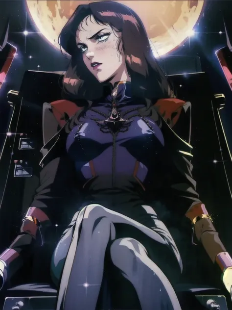 ((((retro anime)) of a gothic vampire piloting a gothic ruby mech)), (from below), close-up, (fisheye), ((gothic (control panels) everywhere)), ((mature)), ((vampiric)), (iridescent bodysuit), lace accessories, dark big lips, ((baroque pilot seat)), ((lean...