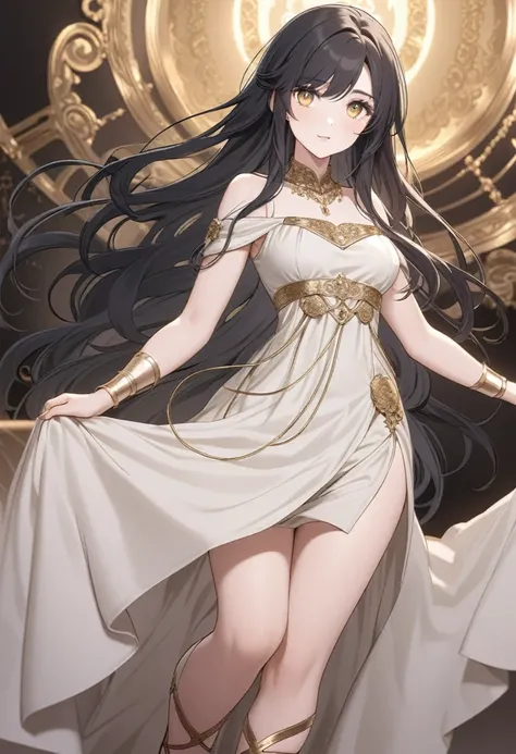 20 years old, with long black hair down to her waist, golden eyes. She wears jewelry and dresses in an antique style, donning a long white dress with golden details. She wears elegant gladiator sandals. She possesses golden powers and has a golden-themed b...