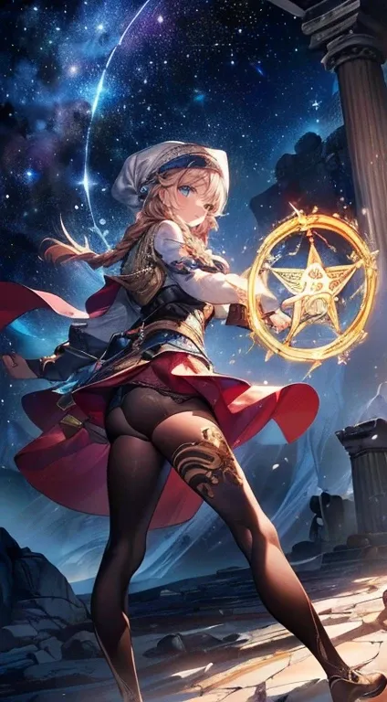 (Imagem conceitual do personagem:1.3), uma mulher madura com longos cabelos pretos e uma roupa branca, (em um lugar rochoso no deserto:1.2), (standing on an illuminated magic circle drawn on the floor:1.2, under the starry sky:1.3, sentado ao estilo indian...