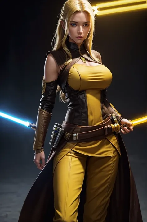 Beautiful. Jedi bastila shan. Beautiful eyes and hair. Sexy outfit. Blonde hair. Single lightsaber . Brown and yellow sexy outfit. Perfect body. Outfit is very revealing. Big breast. Perfect body
