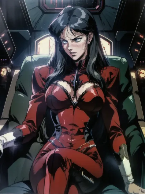 ((((retro anime)) of a gothic vampire piloting a gothic ruby mech)), (from below), close-up, (fisheye), ((gothic (control panels) everywhere)), ((mature)), ((vampiric)), (iridescent bodysuit), lace accessories, dark big lips, ((baroque pilot seat)), ((lean...