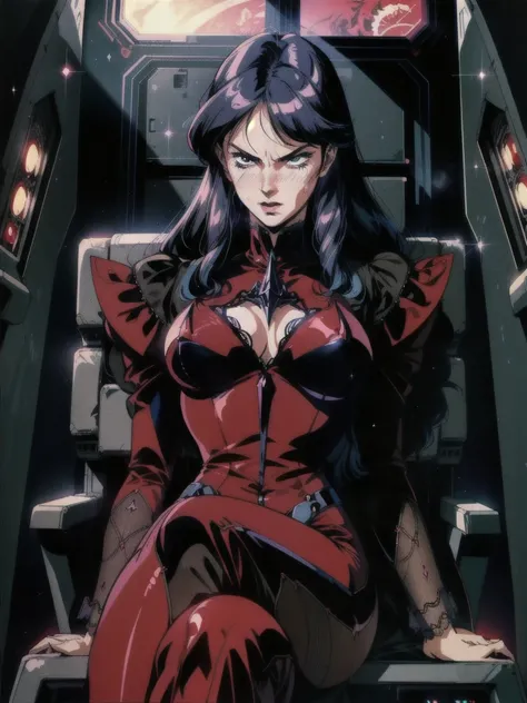 ((((retro anime)) of a gothic vampire piloting a gothic ruby mech)), (from below), close-up, (fisheye), ((gothic (control panels) everywhere)), ((mature)), ((vampiric)), (iridescent bodysuit), lace accessories, dark big lips, ((baroque pilot seat)), ((lean...