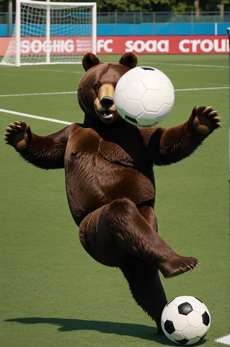 Create an image of a realistic bear playing soccer 
