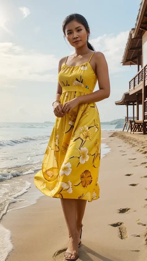 Realistic pilipina wearing a yellow flower dress design standing in beach resort and many buliding .