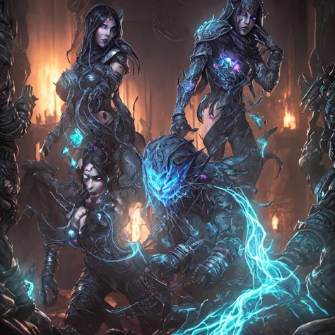 An alluring, sinister,beutiful Arabian woman backed into a corner, by several armored male soldiers conjuring blue ghost lit tendrils, ornately placed faces , ominous hands reaching and many glowing eyes, monstrous, hyperstylized,hyper detailed, hyperanima...