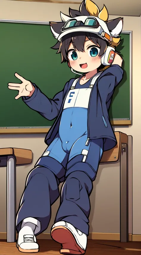 2D Shonen Shota，One-piece mountaineering suit，Put the headphones on your head，permanent，goggles，trumpet，Cow ears，sports shoes，classroom，happy