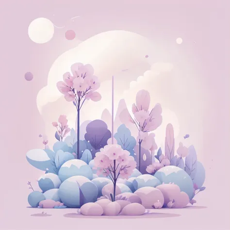 Abstract spring illustratin, minimal, vector, combination of natural and geometric, two-dimensional, using pale violet color tone, violet pastel color