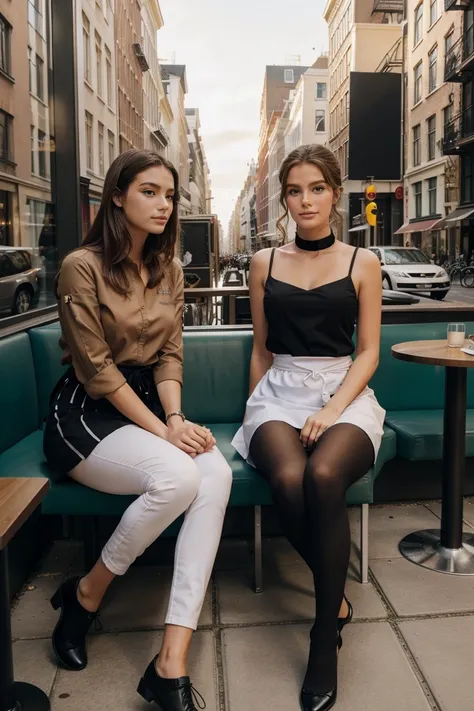 Les mannequins Instagram posent à New York, dans des vêtements modernes, sitting in a cafe&#39;exterior in Amsterdam, tout le corps, beaux yeux detaileds, lèvres magnifiquement detailedes, yeux et visage extrêmement detaileds, court, belle rose Haar ((best...