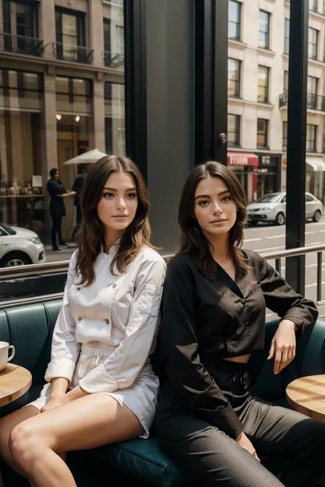 Les mannequins Instagram posent à New York, dans des vêtements modernes, sitting in a cafe&#39;exterior in Amsterdam, tout le corps, beaux yeux detaileds, lèvres magnifiquement detailedes, yeux et visage extrêmement detaileds, court, belle rose Haar ((best...