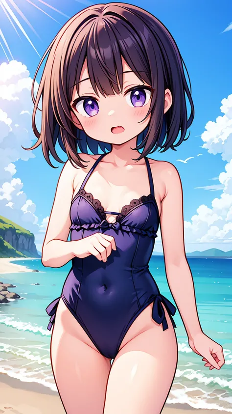 masterpiece,best quality,ultra detail, (loli girl), (small breasts), short brown hair, purple eyes, (blue one piece bikini), open mouth, shy, blush, viewers view from below, thighs, beach scene