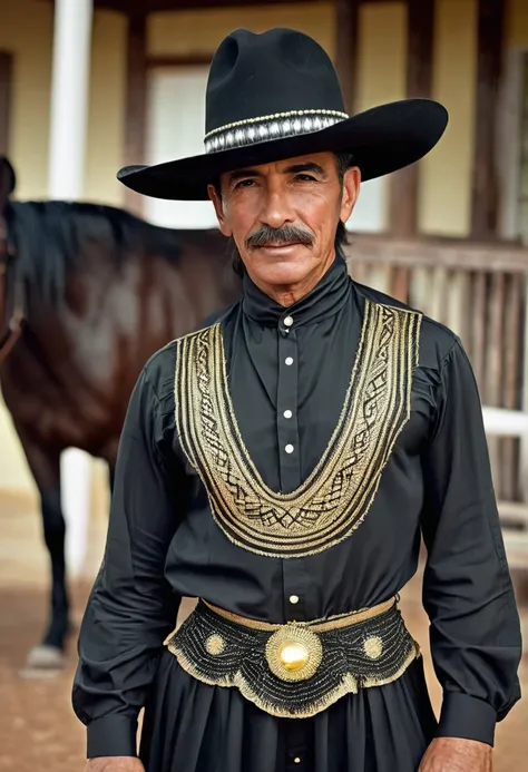 Hombre vestido totalmente de negro y un sombrero montado caballo en el viejo oeste