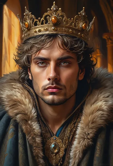 Ciro the Great, detailed portrait, realistic, digital painting, intricate details, dramatic lighting, regal expression, fur-lined cloak, ornate crown, piercing eyes, chiseled features, weathered skin, rugged yet noble, oil painting aesthetic, warm color pa...