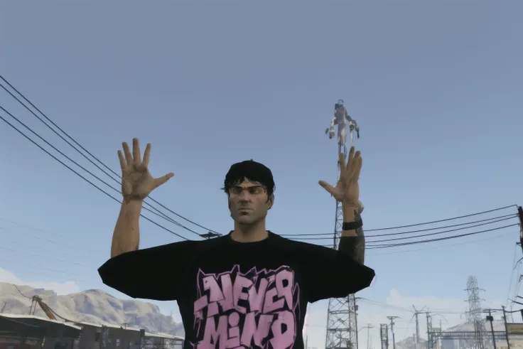 there is a man standing in front of a building with his hands up, 5 fingers). full body realistic, as a character from gtav, style of gta v, gta character, gta5 style, upper body avatar, heavy gesture style closeup, gta v street style, gta 6 style, highly ...