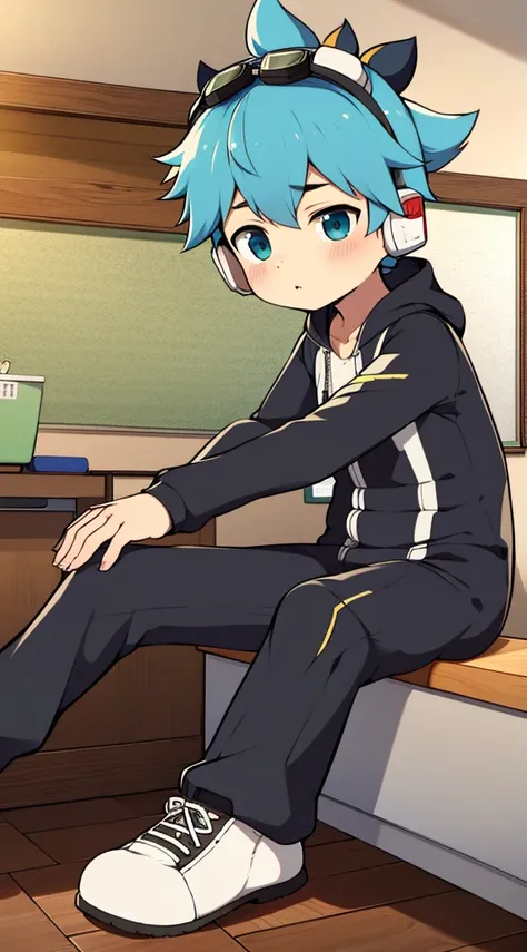 2D Shonen Shota，One-piece mountaineering suit，Put the headphones on your head，permanent，goggles，trumpet，Cow ears，sports shoes，classroom