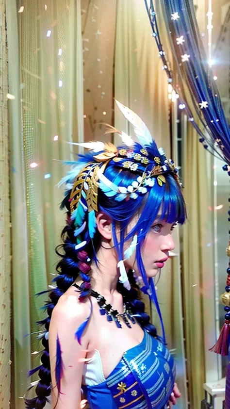 1girl, solo, headdress, long_hair, feathers, jewelry, blue_hair, gem, red_background, lips, hair_ornament, profile, braid, portr...